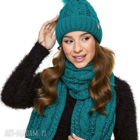 komplet damski czapka z pomponem i szal zimowy morski c03 - czapka i szalik, komplet