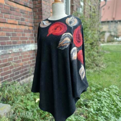 Retro poncho z filcową aplikacją - uniwersalny rozmiar Ruda Klara