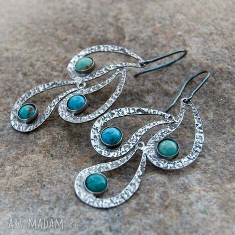 A247 Pawie pióra - srebrne kolczyki wiszące z turkusami (srebro 925)