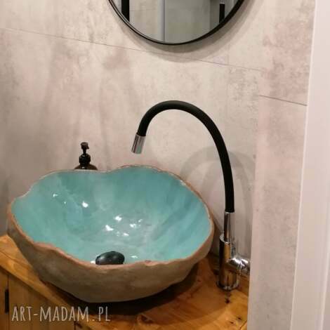 turkusowa nablatowa umywalka ceramiczna - ljuska, rękodzieło, lazurowa łazienki