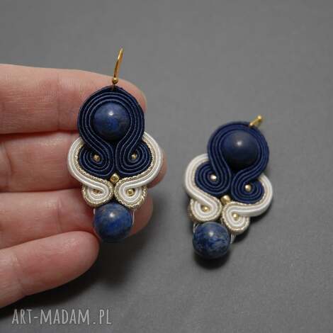 granatowo - białe klipsy sutasz z chryzokolą, sznurek, eleganckie, wyjściowe