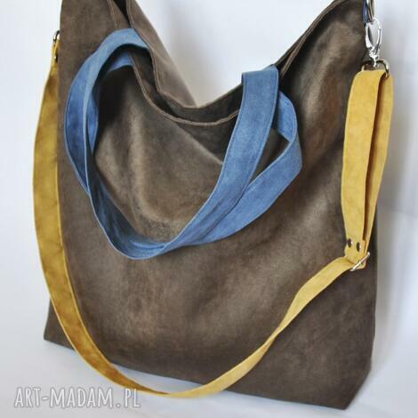 Torba hobo XXL na ramię Alcantara wegańska brąz niebieski żółty - A4+