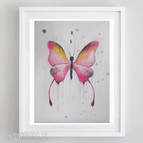 różowy motyl - akwarela formatu A5, papier, farba, kredki