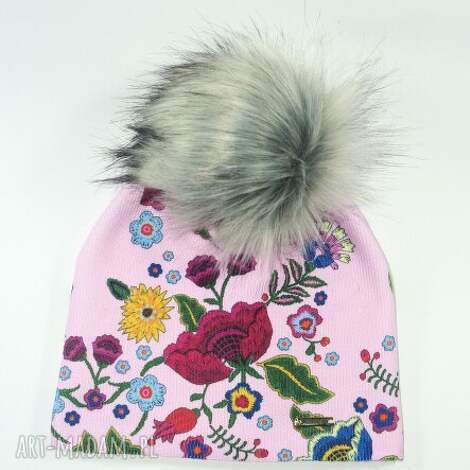 Czapka beanie damska z pomponem z ekofutra jenota - ręcznie robiona
