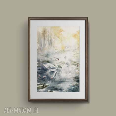 Złota Jesień nad Wodą - ręcznie malowana akwarela z łabędziami w passe-partout 50 x 70 cm