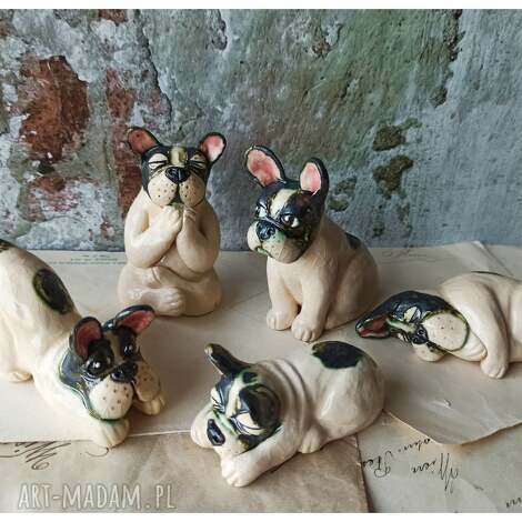 Zestaw 5 buldogów francuskich - glina szamotowa handmade