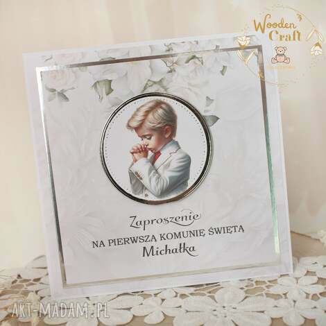 Zaproszenia na Pierwszą Komunię Świętą 8 szt. White Roses Boy - ręcznie robione
