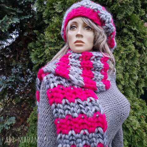 Wełniany komplet zimowy beret i szalik super chunky z 100% merynosa - ręcznie robiony