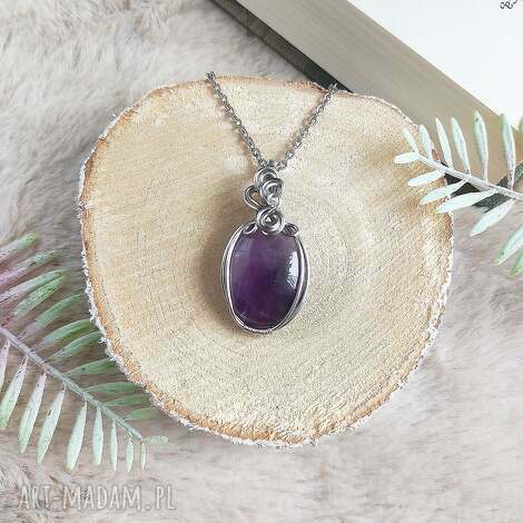 byNostawen, naszyjnik ametyst stal chirurgiczna wisiorek handmade wirewrapping, biżuteria