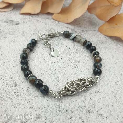 Bransoletka chainmaille z brązowym agatem - regulowana stal szlachetna (handmade)
