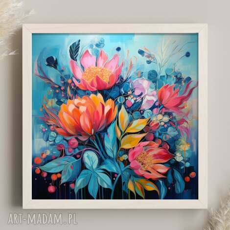 Plakat abstrakcyjne kwiaty granatowy 40x40 cm - kolorowe akcenty do salonu