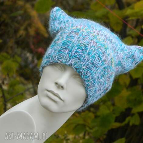 czapa rogata melanż z turkusem kolorowa czapka wełna moher - rogata czapka