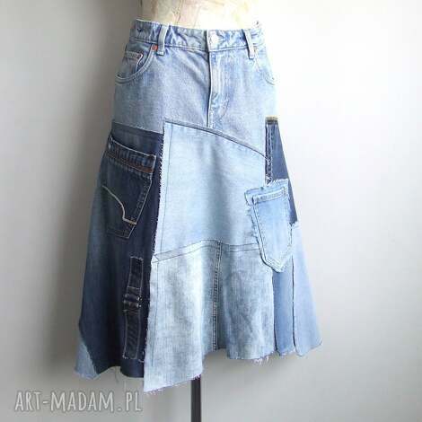 Patchworkowa spódnica jeansowa r. 46 - boho midi z vintage jeansów (recycled art)