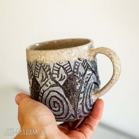 Duży ceramiczny kubek handmade Etno turkus-biały, ok. 500 ml | kamionka 1240°C