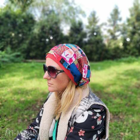 Czapka na dużą głowę 60-61 cm boho na podszewce - ręcznie robiona