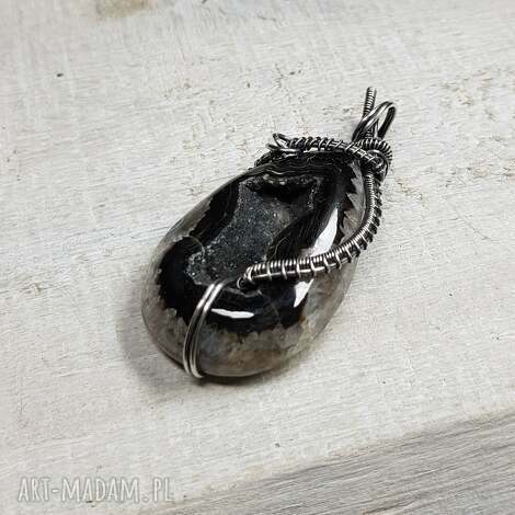 Kryształowa druza agatu i labradoryt w srebrze 999 - wisiorek wire-wrapping