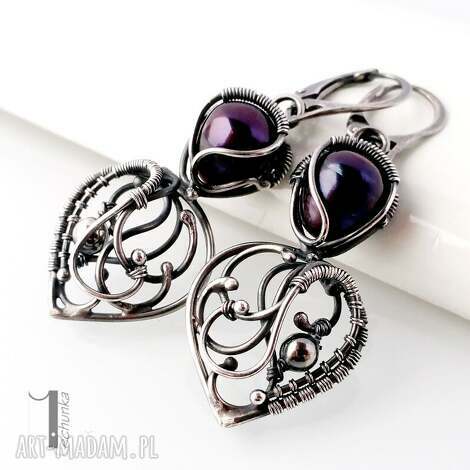 Skadi - srebrne kolczyki z perłami - długie, ażurowe wire wrapping