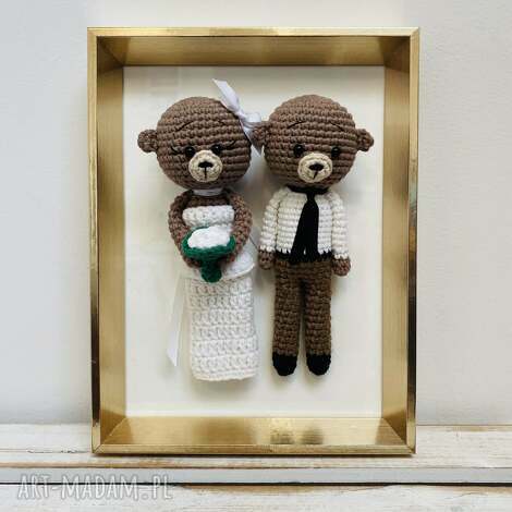 młoda para misie w złotej ramce ręcznie robione prezent ślubny obraz, maskotki