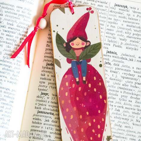 Drewniana zakładka do książki - Truskawkowe skrzaty nr 1 (decoupage)