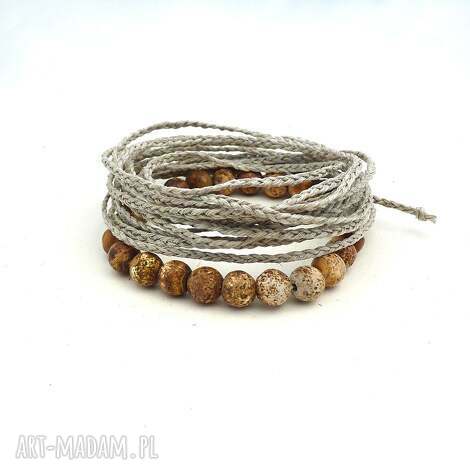 Bransoletka lniana z jaspisem Kalahari - komplet boho (handmade)