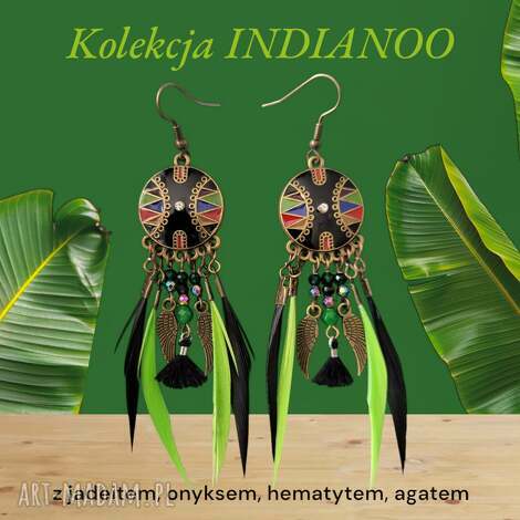 Kolczyki boho INDIANOO z piórkami - etniczne wiszące kamienie naturalne