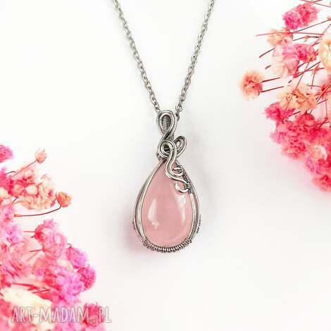 naszyjnik kwarc różowy stal chirurgiczna wisiorek handmade wirewrapping