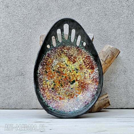 Duża kolorowa misa ceramiczna z ażurem - ręcznie robiona dekoracja do wnętrza (39 x 27 x 10 cm)