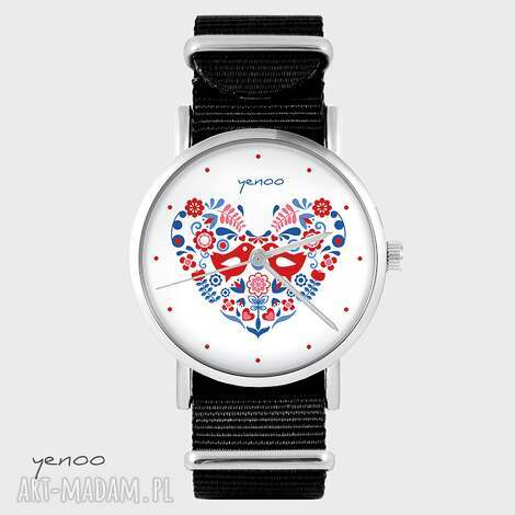 Zegarek handmade Folkowe ptaszki - czarny, pasek NATO z nylonu - na prezent