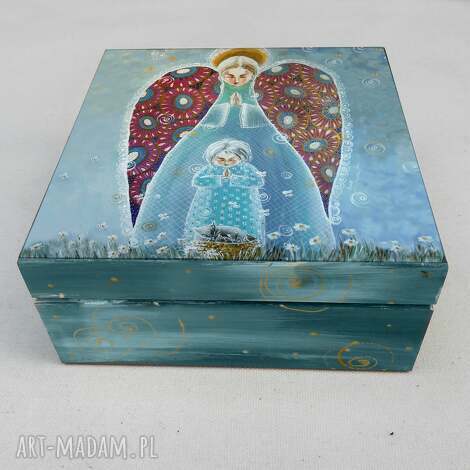 Szkatułka drewniana na skarby z decoupage - Anioł „Bóg swoim aniołom dał rozkaz o Tobie”