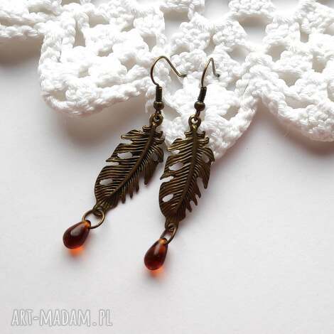 Kolczyki bursztynowe pióra - vintage wiszące handmade