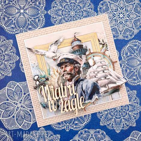 Morska kartka „Wiatru w żagle” - handmade scrapbooking z kopertą 13,5x13,5 cm