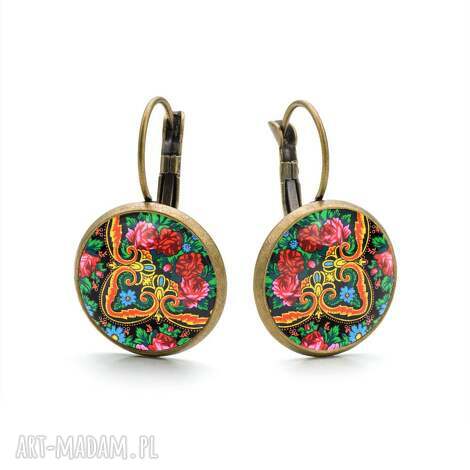 Kwieciste kolczyki wiszące handmade - antyczne złoto i szkło wypukłe