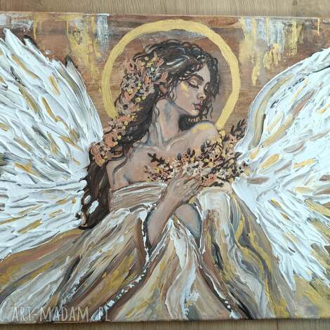 Złoty anioł - ręcznie malowany obraz strukturalny 60x40 cm