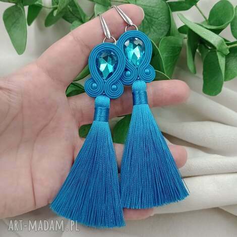 Turkusowe kolczyki klipsy soutache z chwostami - wesele boho