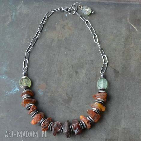 srebrny naszyjnik z surowymi bryłkami bursztynu, srebro oksydowane