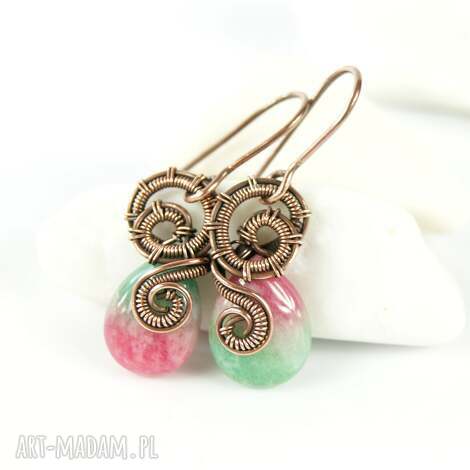 blue pearl art kolczyki z jadeitem arbuzowym wire wrapping, miedziane bigle