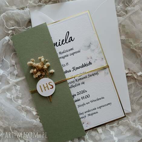 Zaproszenie komunijne dla chłopca - zielone scrapbooking z suszonymi kwiatami