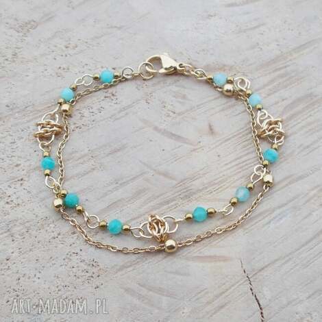 Bransoletka z kulkami i amazonitem - stal złocona, chainmaille, dwurzędowa