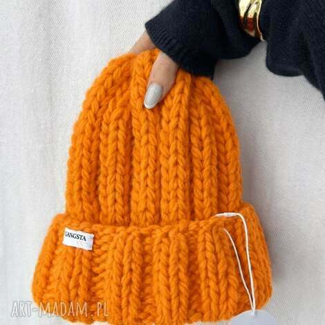 gruba wełniana czapka beanie pomarańczowa 100 wełna handmade