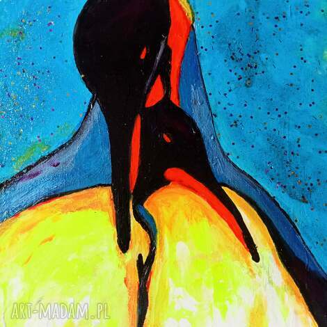 obraz ręcznie malowany na płótnie, pingwiny miłość, walentynki, przyroda