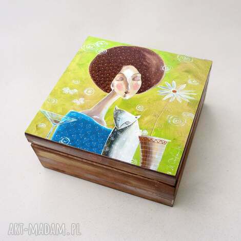Szkatułka drewniana decoupage „Chwila spokojnej melancholii” - kot i abstrakcja