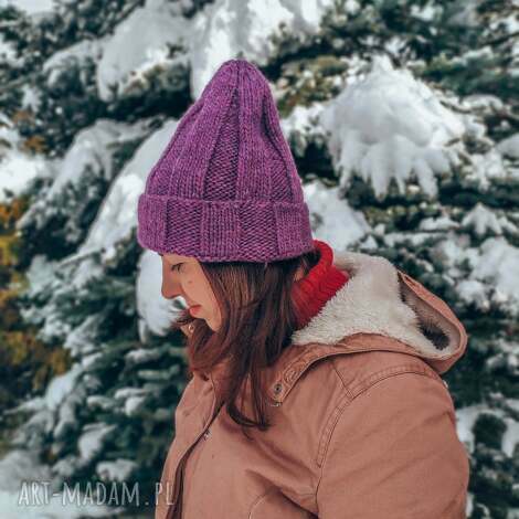 Fioletowa wełniana czapka beanie Krasnal Lucky Hat - handmade na zimę 100% wełny