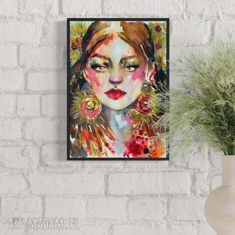Akwarela na papierze Sunflower earrings - portret kobiety glamour (bez ramy)