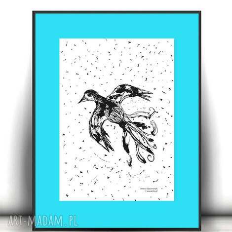 Ptaszek plakat 30x40 - niebiesko czarna minimalistyczna ilustracja do wnętrza