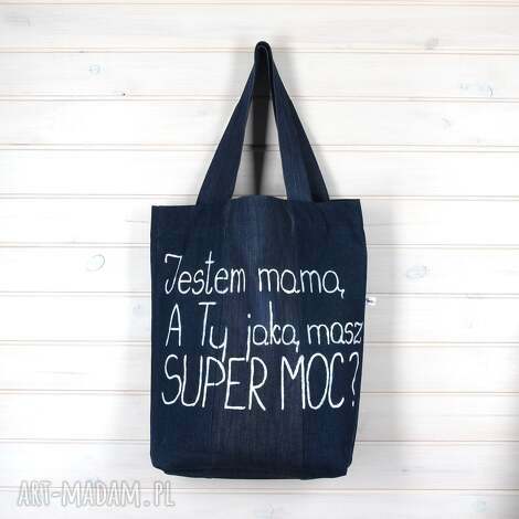 Torba Super Mama - dżinsowa torebka na ramię z napisem (Go Deco) - ręcznie malowana