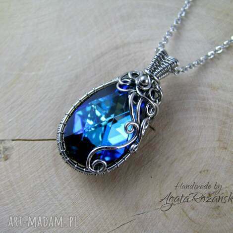 wisiorek swarovski bermuda blue, wire wrapping, stal chirurgiczna