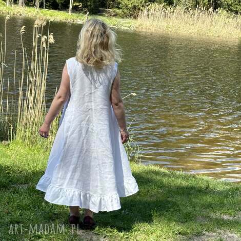 aga biała sukienka lniana długa z falbaną 100 len lato, lnu