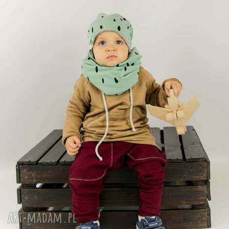 Zimowy komin tuba SPOTS miętowy - dwuwarstwowy handmade dla dziecka (S-L)