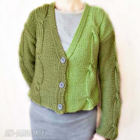 Krótki kardigan sweter rozpinany handmade na drutach - zielony z guzikami