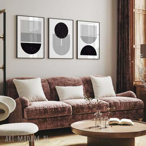 Zestaw 3 plakatów geometrycznych 30x40 cm do sypialni i salonu - Hogstudio (białe, szare, czarne)